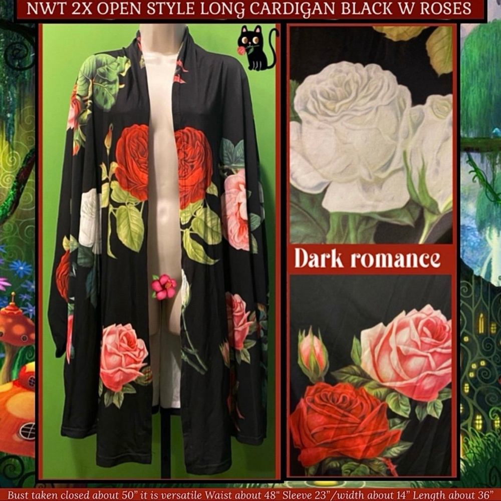 LILY BY FIRMIANA 2X NWT DARK FAIRY BOHO MIDNIGHT ROSES LONG LENGTH OPEN CARDIGAN